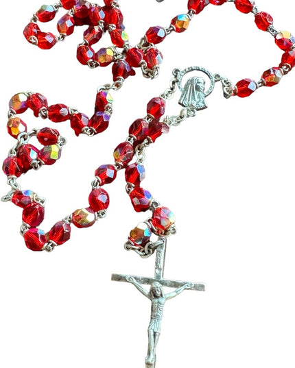 Vintage 1950s blood red crystal rosary crucifix necklace