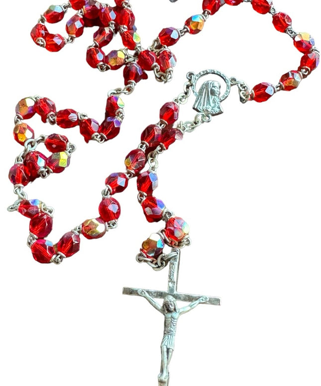 Vintage 1950s blood red crystal rosary crucifix necklace