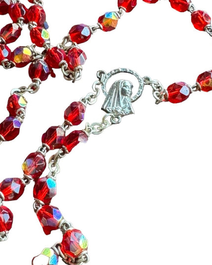 Vintage 1950s blood red crystal rosary crucifix necklace