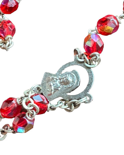Vintage 1950s blood red crystal rosary crucifix necklace