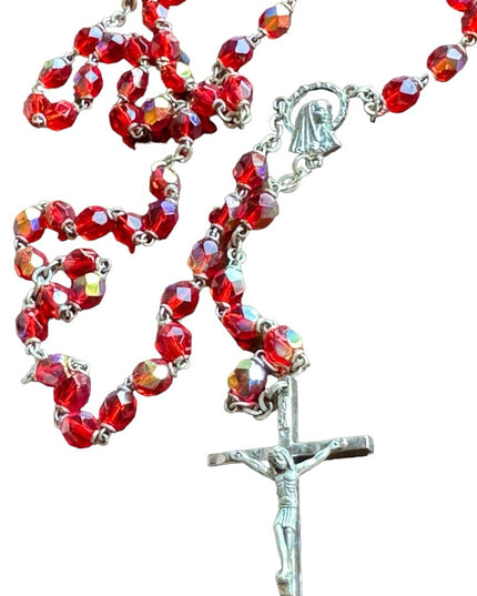 Vintage 1950s blood red crystal rosary crucifix necklace