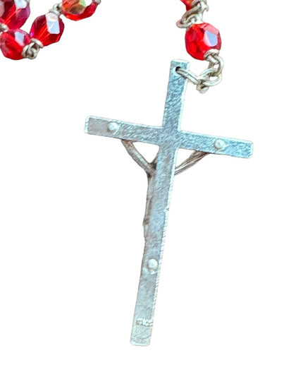 Vintage 1950s blood red crystal rosary crucifix necklace