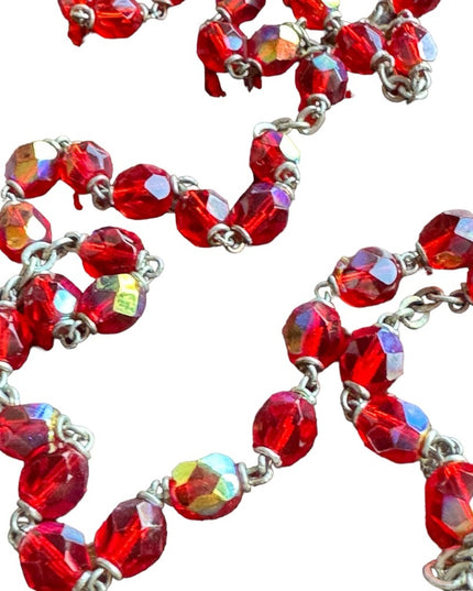 Vintage 1950s blood red crystal rosary crucifix necklace