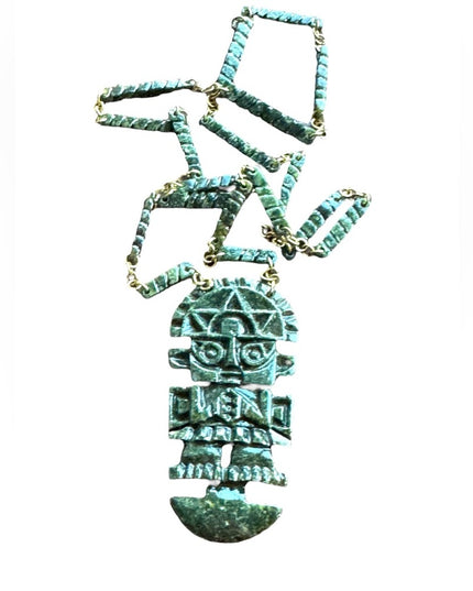 Vtg 24” Peruvian Tumi Carved Green Stone 2" Pendant Necklace Carved Stone Beads
