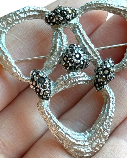 Vintage numbered Dorlan ailver plt black rhinestone modernist textured brooch