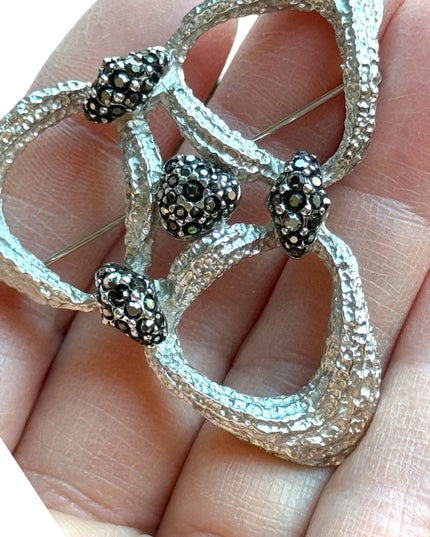 Vintage numbered Dorlan ailver plt black rhinestone modernist textured brooch