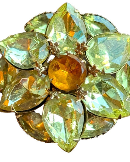 Beautiful Vintage gold finish pastel yellow flower crystal brooch