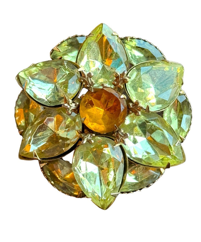 Beautiful Vintage gold finish pastel yellow flower crystal brooch
