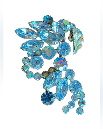 Vintage C1950s AB Sherman unmarked blue crystal brooch silver tone Large