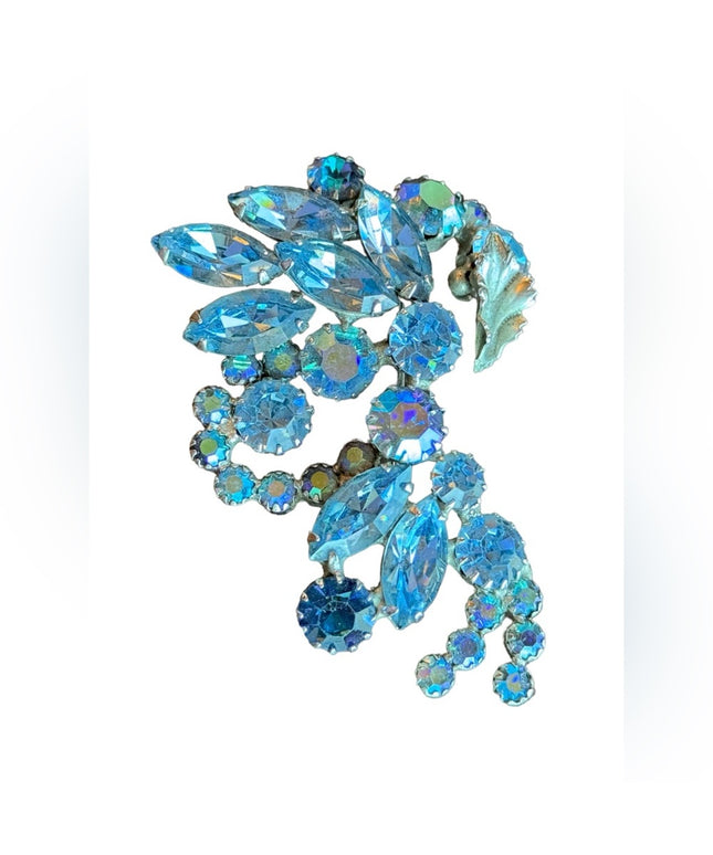 Vintage C1950s AB Sherman unmarked blue crystal brooch silver tone Large