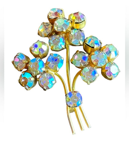 Vintage gold finish AB amber crystal flower brooch c1960s