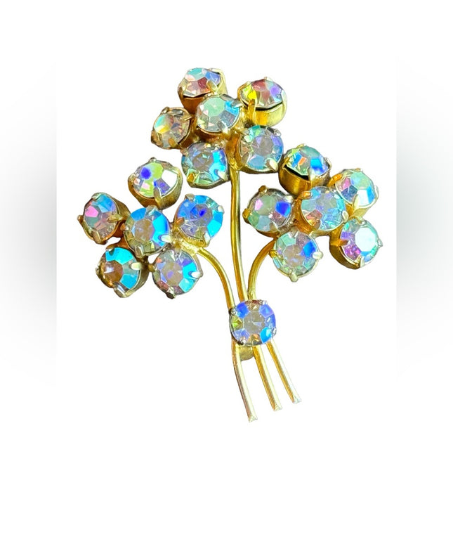 Vintage gold finish AB amber crystal flower brooch c1960s