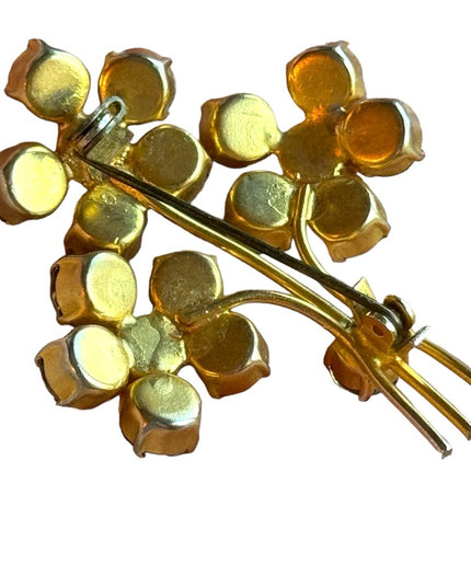 Vintage gold finish AB amber crystal flower brooch c1960s