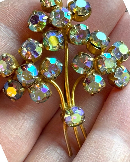 Vintage gold finish AB amber crystal flower brooch c1960s