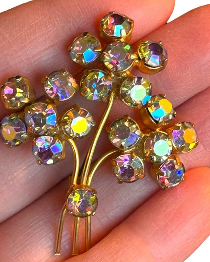 Vintage gold finish AB amber crystal flower brooch c1960s