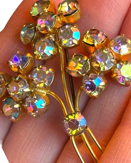 Vintage gold finish AB amber crystal flower brooch c1960s