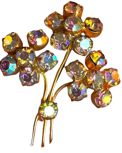 Vintage gold finish AB amber crystal flower brooch c1960s