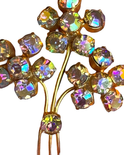 Vintage gold finish AB amber crystal flower brooch c1960s