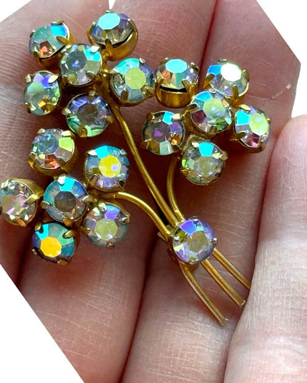 Vintage gold finish AB amber crystal flower brooch c1960s