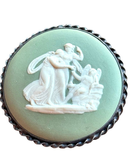 Vintage sterling silver green large ceramic cameo angels cherubs Wedgewood