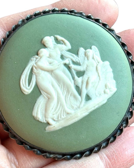 Vintage sterling silver green large ceramic cameo angels cherubs Wedgewood