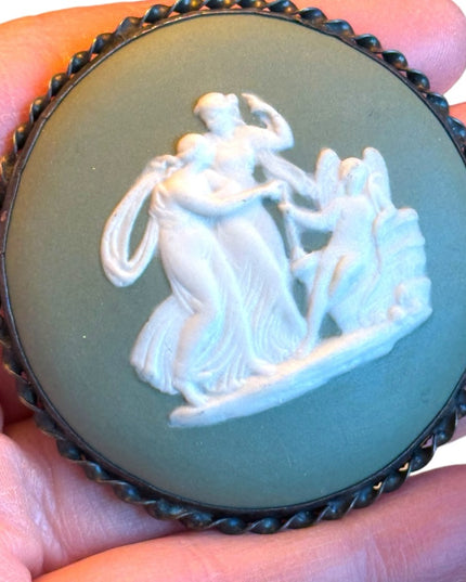 Vintage sterling silver green large ceramic cameo angels cherubs Wedgewood