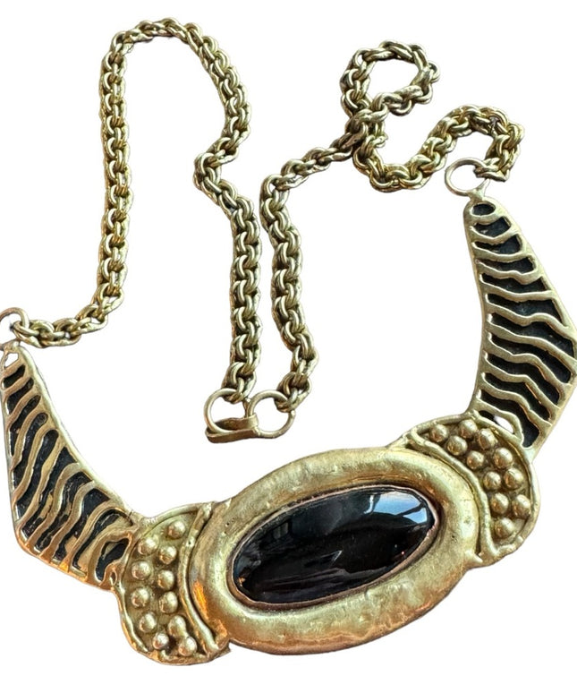 Vintage Mexixo Mexican Modernist Brass black onyx necklace