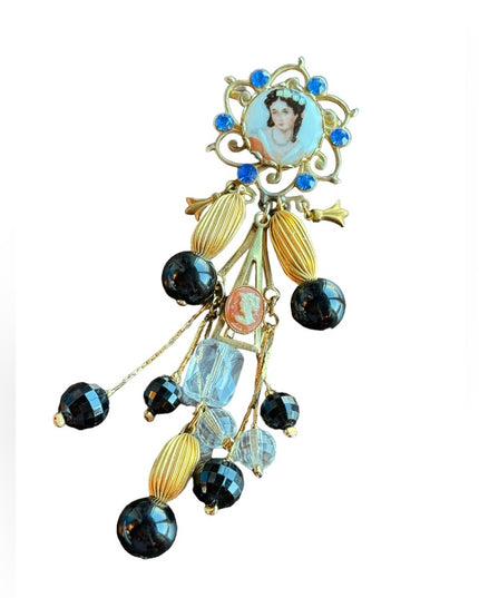 Vintage Limoges chatelaine style fancy painted cameo dangle brooch