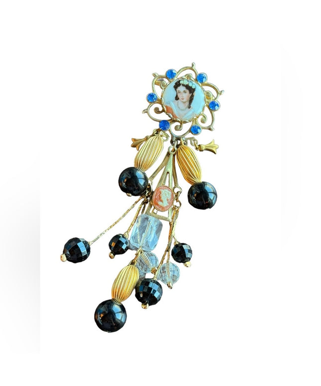 Vintage Limoges chatelaine style fancy painted cameo dangle brooch