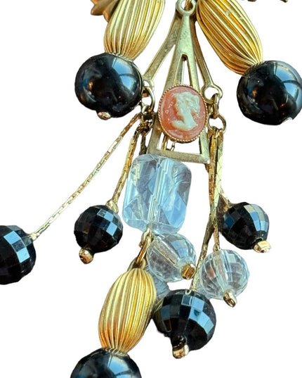 Vintage Limoges chatelaine style fancy painted cameo dangle brooch