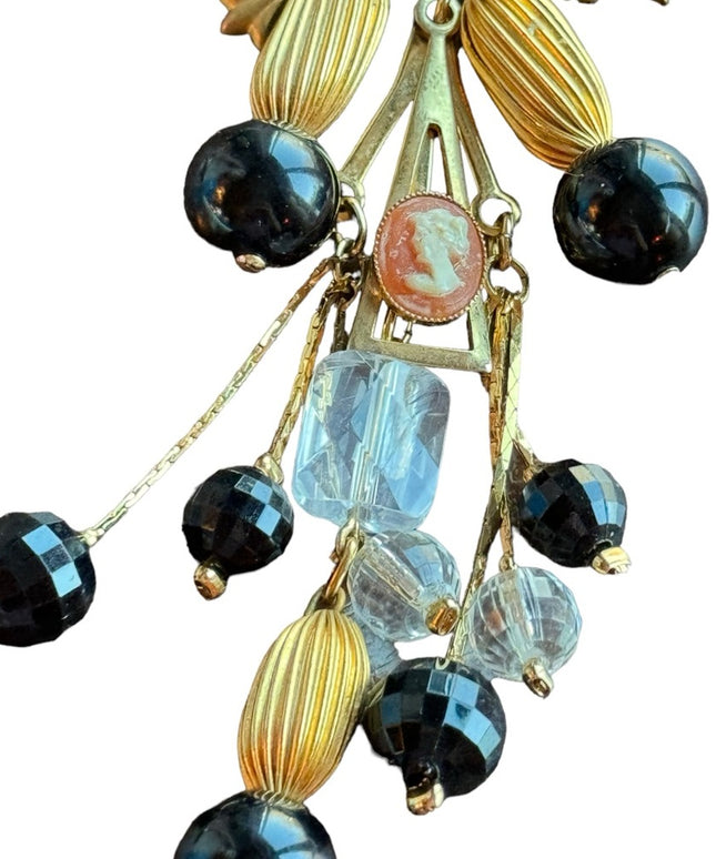 Vintage Limoges chatelaine style fancy painted cameo dangle brooch