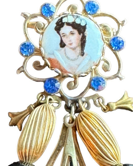 Vintage Limoges chatelaine style fancy painted cameo dangle brooch
