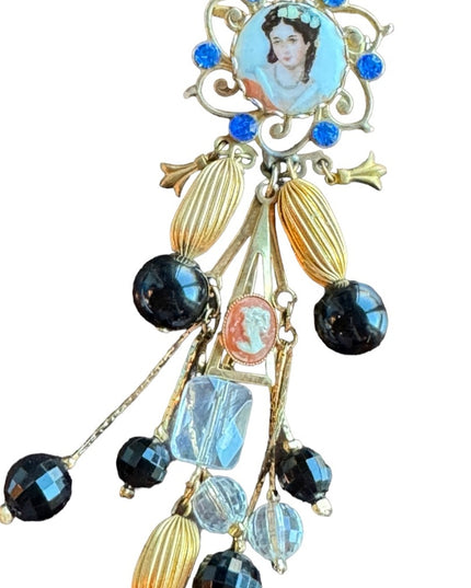 Vintage Limoges chatelaine style fancy painted cameo dangle brooch