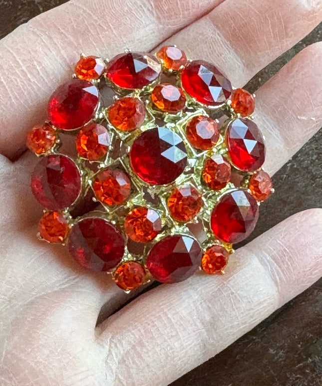 Vintage 1960s Crystal brooch pendant orange red