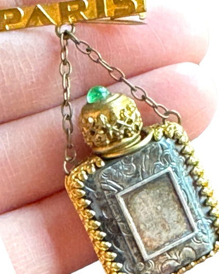 Antique gold pinchbeck filagree Paris France Glass perfume bottle  brooch