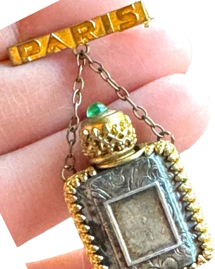 Antique gold pinchbeck filagree Paris France Glass perfume bottle  brooch