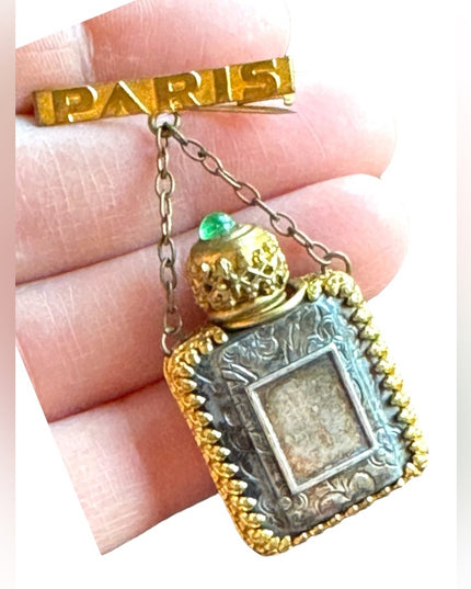 Antique gold pinchbeck filagree Paris France Glass perfume bottle  brooch
