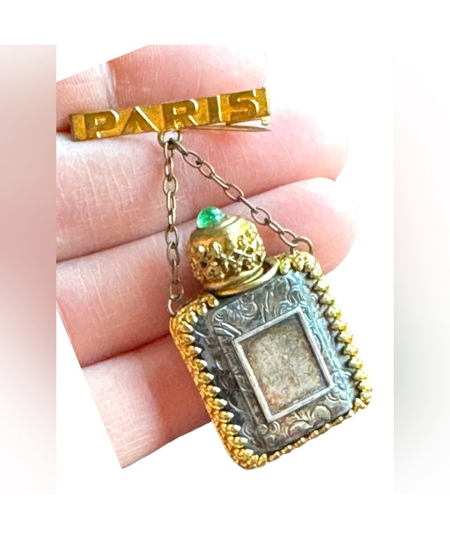 Antique gold pinchbeck filagree Paris France Glass perfume bottle  brooch