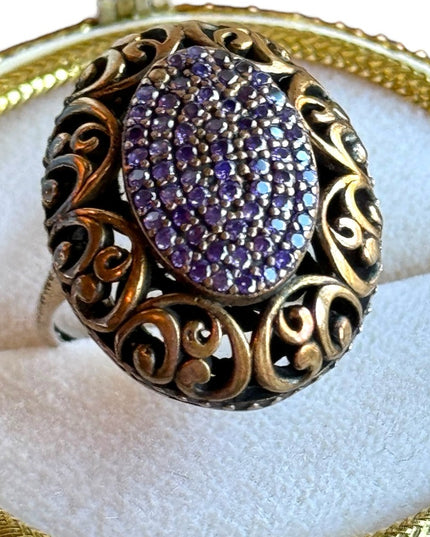Vintage Antique Revival brassy gold filagree sterling amethyst statement ring