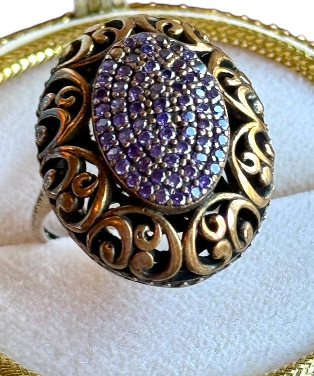 Vintage Antique Revival brassy gold filagree sterling amethyst statement ring