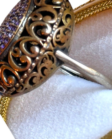 Vintage Antique Revival brassy gold filagree sterling amethyst statement ring