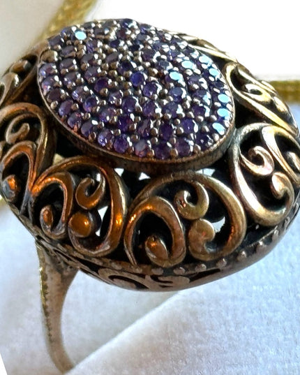 Vintage Antique Revival brassy gold filagree sterling amethyst statement ring