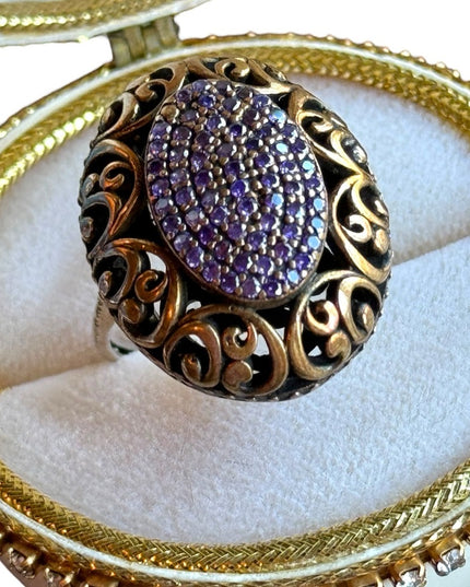 Vintage Antique Revival brassy gold filagree sterling amethyst statement ring