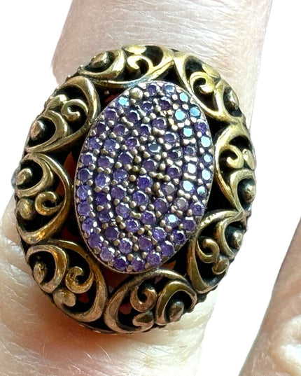 Vintage Antique Revival brassy gold filagree sterling amethyst statement ring