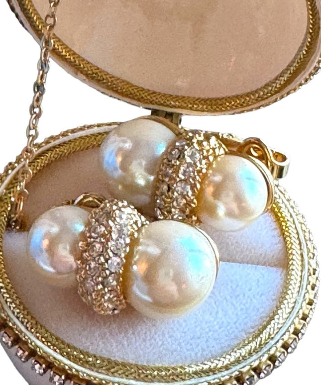 Vintage C1980s gold simulated pearl rhinestone clip on earrings stamped designer