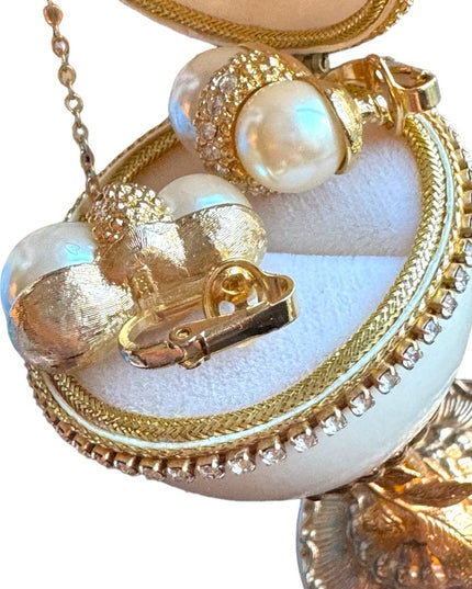 Vintage C1980s gold simulated pearl rhinestone clip on earrings stamped designer