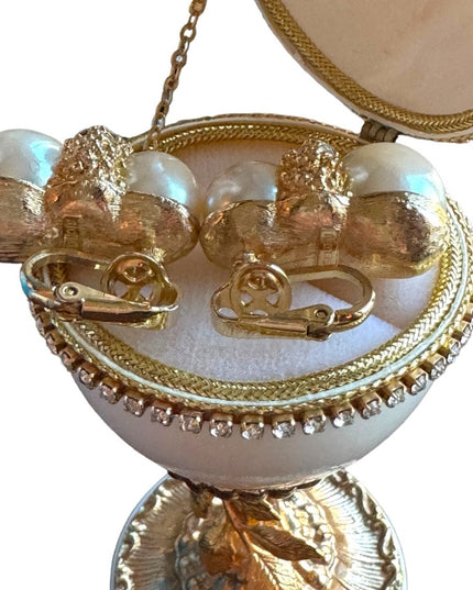 Vintage C1980s gold simulated pearl rhinestone clip on earrings stamped designer