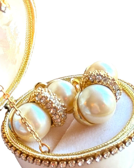 Vintage C1980s gold simulated pearl rhinestone clip on earrings stamped designer