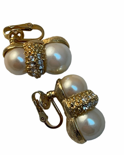Vintage C1980s gold simulated pearl rhinestone clip on earrings stamped designer