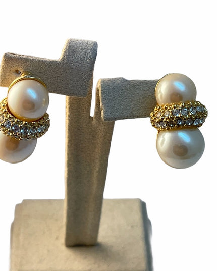 Vintage C1980s gold simulated pearl rhinestone clip on earrings stamped designer